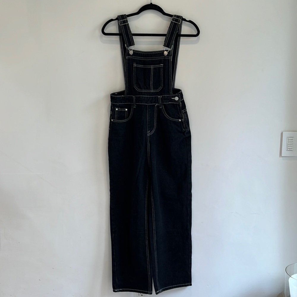 Women’s black denim overalls size small with adjustable straps and side zipper